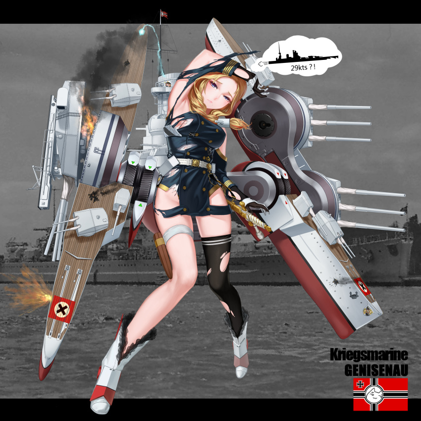 1girl absurdres arm_over_head armpits black_legwear blonde_hair blue_eyes boots bra bra_slip breasts cannon character_name commentary_request explosion fire flare flare_gun full_body gloves gneisenau gneisenau_(zhan_jian_shao_nyu) highres large_breasts machinery military military_uniform military_vehicle multicolored_gloves nazi_flag nazi_war_ensign official_art photo_background rail_(silverbow) rodney_(battleship) rudder_shoes scabbard sheath sheathed ship shirt silhouette single_thighhigh smoke solo sword tears text thigh-highs thigh_strap thought_bubble torn_clothes torn_shirt torn_thighhighs turret underwear uniform watercraft weapon white_bra zhan_jian_shao_nyu
