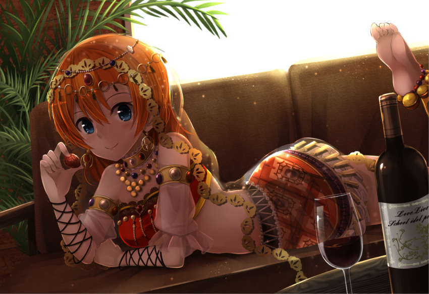 1girl anklet armlet bangs bare_shoulders barefoot bead_necklace beads blue_eyes blush bottle circlet closed_mouth couch cup dancer detached_sleeves drinking_glass dutch_angle earrings food fringe fruit gem hair_between_eyes holding holding_fruit indoors jewelry kousaka_honoka leg_up light_particles long_hair looking_at_viewer love_live! love_live!_school_idol_project lying midriff miniskirt necklace on_stomach orange_hair orien palm_tree red_skirt ring see-through skirt smile soles solo strawberry tree veil wine_bottle wine_glass