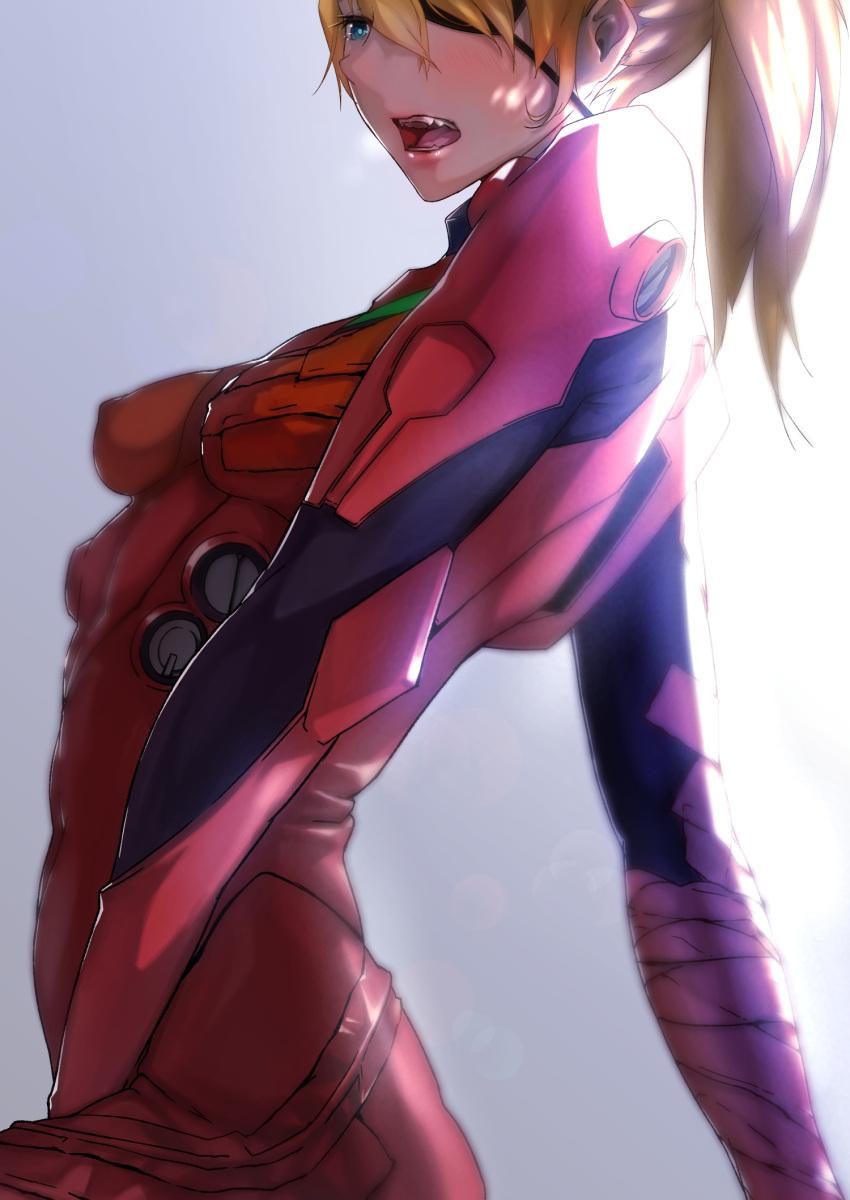 1girl alternate_hairstyle back backlighting bangs between_legs blue_eyes blush bodysuit breasts covered_nipples cowboy_shot evangelion:_3.0_you_can_(not)_redo eyepatch from_side fusante gradient gradient_background grey_background hair_over_one_eye hair_up hand_between_legs high_ponytail highres impossible_bodysuit impossible_clothes leaning_back long_hair neon_genesis_evangelion open_mouth orange_hair pilot_suit plugsuit ponytail rebuild_of_evangelion shikinami_asuka_langley skin_tight small_breasts solo souryuu_asuka_langley tape teeth tongue turtleneck