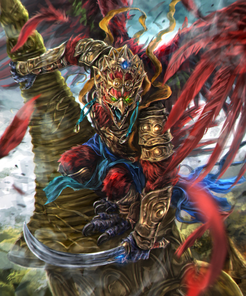 absurdres armor beak blue_tongue bracer fantasy green_eyes helmet highres holding holding_sword holding_weapon kamigoku_no_valhalla_gate looking_at_viewer mad_(artist) monster open_mouth original outdoors scarf solo sword talons weapon wings yellow_scarf