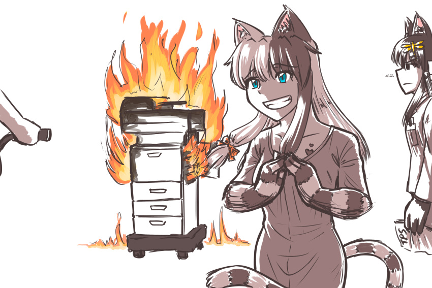 &gt;:/ 2girls alternate_costume animal_ears annoyed anubis_(monster_girl_encyclopedia) blue_eyes bwsnowy cat_ears cat_tail cheshire_cat_(monster_girl_encyclopedia) failure fire fire_extinguisher flame grin hair_ornament hair_ribbon hands_together highres long_hair monster_girl monster_girl_encyclopedia multicolored_hair multiple_girls paws photocopier ribbon simple_background sketch smile spot_color striped_tail tail tress_ribbon two-tone_hair white_background
