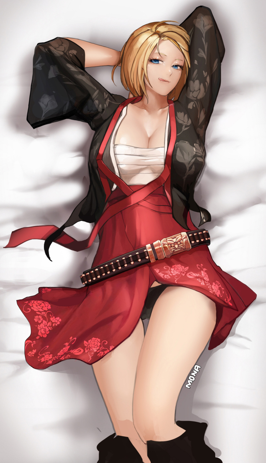 1girl arms_behind_head artist_name belt black_panties blonde_hair blue_eyes breasts cleavage dungeon_and_fighter floral_print highres korean_clothes large_breasts licking_lips looking_at_viewer lying monaim on_back panties robe sarashi see-through short_hair solo tongue tongue_out underwear