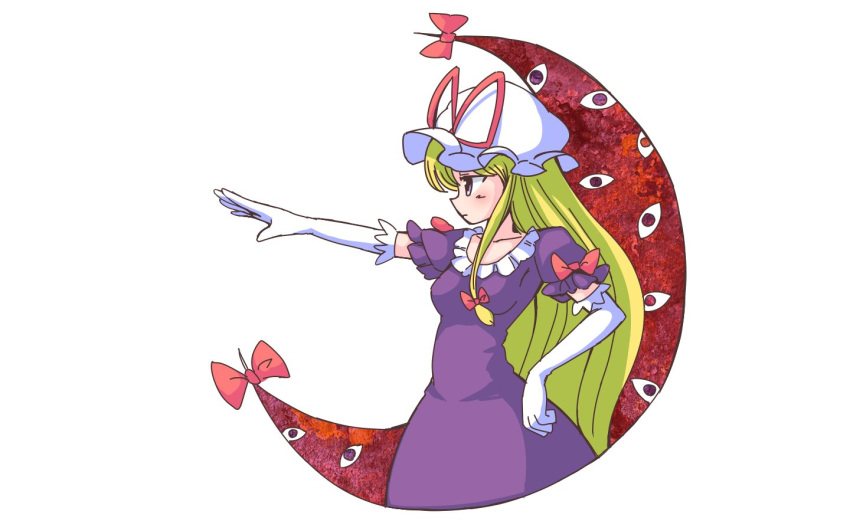 1girl blonde_hair bow collarbone crescent dress elbow_gloves frilled_dress frills gap gloves hair_ribbon hat hat_ribbon itatatata long_hair mob_cap outstretched_arm puffy_short_sleeves puffy_sleeves purple_dress red_bow red_ribbon ribbon short_sleeves sidelocks simple_background solo touhou tress_ribbon violet_eyes white_background white_gloves white_hat yakumo_yukari