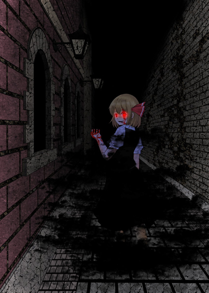 1girl :p alley black_dress blonde_hair blood blood_on_face bloody_hands commentary_request darkness dress full_body glowing glowing_eyes hair_ribbon highres lamp looking_at_viewer looking_back night ozu_(agito100001) parted_lips puffy_short_sleeves puffy_sleeves red_eyes red_ribbon ribbon rumia short_hair short_sleeves smile solo tongue tongue_out touhou