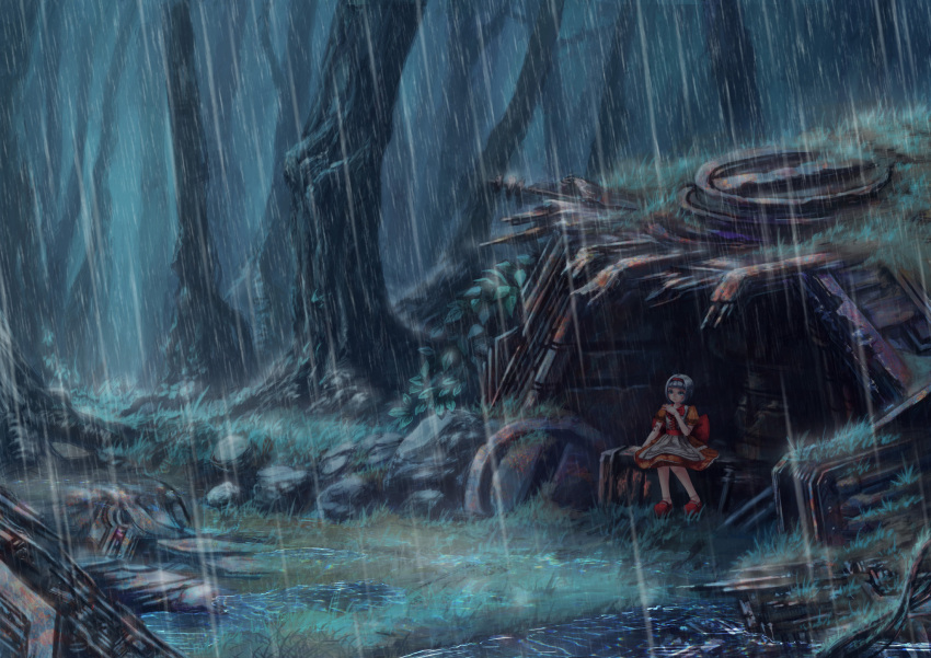 1girl bow dark doll_joints dress forest green_eyes hairband highres livee mary_janes nature original puddle rain rapt_(47256) red_dress ruins scenery shoes short_hair silver_hair sitting solo tree