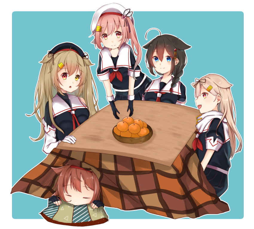 5girls absurdres ahoge asymmetrical_clothes beret black_gloves black_hair black_serafuku blonde_hair blue_background blue_eyes braid brown_eyes brown_hair closed_eyes flower food fruit gloves hair_flaps hair_flower hair_ornament hair_over_shoulder hair_ribbon hairband hairclip harusame_(kantai_collection) hat heterochromia highres huge_filesize kantai_collection kazama_gorou kotatsu long_hair looking_at_viewer mandarin_orange multiple_girls murasame_(kantai_collection) neckerchief partly_fingerless_gloves pink_hair red_eyes red_hairband red_neckwear remodel_(kantai_collection) ribbon school_uniform serafuku shigure_(kantai_collection) shiratsuyu_(kantai_collection) side_ponytail simple_background single_braid sleeping table two_side_up white_headwear yuudachi_(kantai_collection)