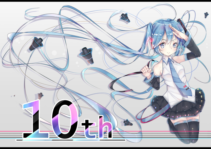 1girl absurdly_long_hair black_legwear black_skirt blue_eyes blue_hair blue_necktie blush cer_(cerber) closed_mouth eyebrows_visible_through_hair hatsune_miku long_hair looking_at_viewer megaphone necktie skirt smile solo thigh-highs tie_clip very_long_hair vocaloid