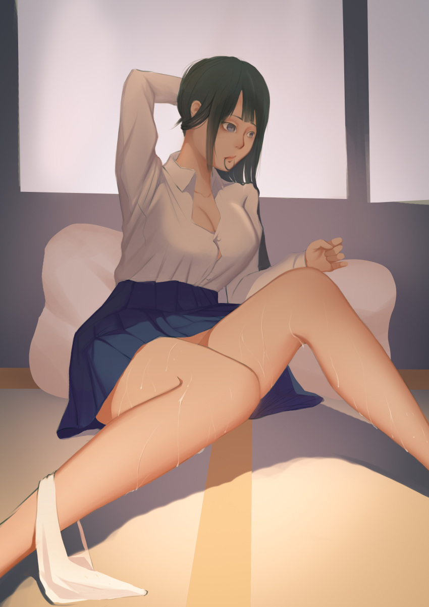 1girl absurdres arm_up baliu black_hair blue_eyes blue_skirt breasts buttons closed_mouth collared_shirt dress_shirt hair_tie hand_behind_head highres large_breasts long_sleeves miniskirt mouth_hold panties panties_around_one_leg partially_undressed pillow school_uniform shirt sitting skirt solo sweat underwear white_panties white_shirt wing_collar