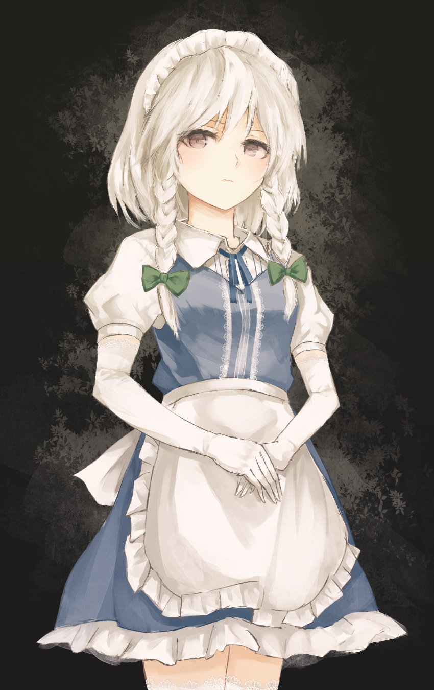 1girl absurdres apron blue_dress blue_ribbon bow braid breasts closed_mouth cowboy_shot dress elbow_gloves expressionless frilled_dress frills gloves green_bow grey_eyes hair_bow highres izayoi_sakuya looking_at_viewer maid maid_headdress neck_ribbon puffy_short_sleeves puffy_sleeves ribbon serious short_sleeves silver_hair small_breasts solo thkani touhou twin_braids waist_apron white_gloves
