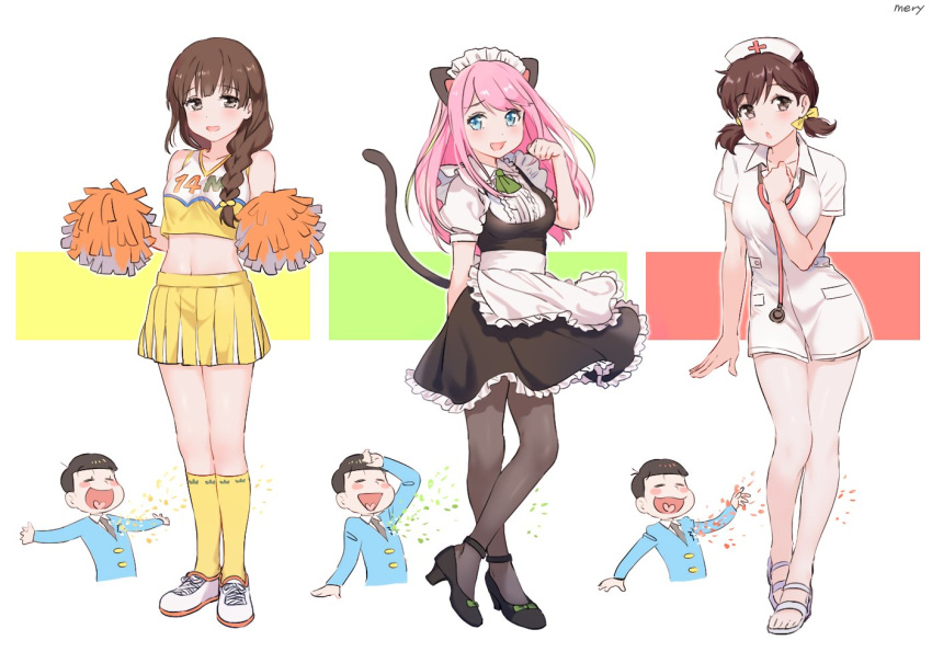 3girls :d =_= alternate_costume animal_ears apron arm_behind_back arm_up artist_name bangs black_dress black_hair black_legwear black_shoes blue_eyes blue_shirt blush blush_stickers braid breasts brown_eyes brown_hair cat_ears cat_tail center_frills character_request cheerleader chestnut_mouth clenched_hand clothes_writing collarbone collared_shirt crop_top dress enmaided eyebrows eyebrows_visible_through_hair frilled_apron frills full_body hair_bobbles hair_ornament hair_ribbon hand_on_own_chest hashimoto_nyaa hat heart heart_in_mouth high_heels holding juushimatsu's_girlfriend kneehighs long_hair long_sleeves looking_at_viewer low_twintails maid medium_breasts mery_(apfl0515) multiple_girls navel number nurse nurse_cap open_mouth osomatsu-kun osomatsu-san outstretched_arms pantyhose paw_pose pink_hair pleated_skirt pom_pom_(clothes) puffy_short_sleeves puffy_sleeves ribbon sandals shirt shoes short_sleeves skirt sleeveless sleeveless_shirt smile sneakers swept_bangs tail twintails white_background white_dress white_shirt white_shoes wing_collar yellow_legwear yellow_ribbon yellow_skirt yowai_totoko