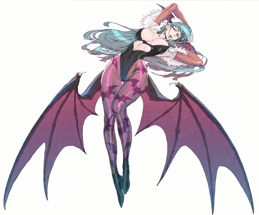 1girl :o aqua_hair armpits arms_behind_head arms_up bangs bare_shoulders bat bat_print bat_wings black_boots black_leotard boots breasts bridal_gauntlets center_opening cleavage demon_girl feathers floating_hair full_body head_wings heart_cutout highleg highleg_leotard highres hips large_breasts leaning_back legs leotard long_hair looking_at_viewer midriff morrigan_aensland nishimura_kinu open_mouth pantyhose print_legwear purple_legwear sideboob simple_background skin_tight solo succubus vampire vampire_(game) very_long_hair white_background wide_hips wings yellow_eyes