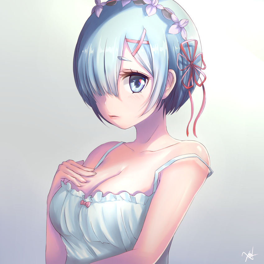1girl bare_shoulders blue_eyes blue_hair bow breasts camisole cleavage collarbone gradient gradient_background hair_ornament hair_over_one_eye hand_on_own_chest highres lips looking_at_viewer medium_breasts parted_lips pdxen re:zero_kara_hajimeru_isekai_seikatsu rem_(re:zero) short_hair signature solo strap_slip upper_body x_hair_ornament