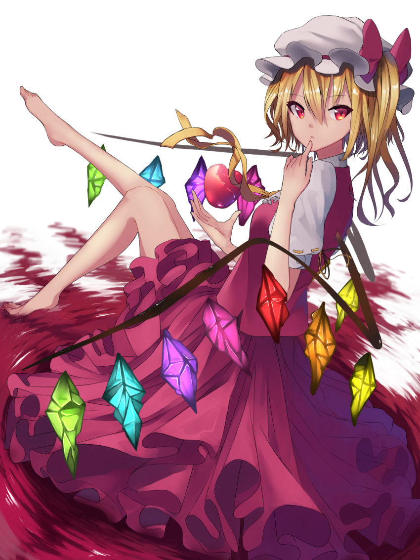 1girl ambiguous_red_liquid apple barefoot blonde_hair crystal expressionless finger_to_mouth flandre_scarlet food fruit full_body hair_between_eyes hat highres karuno_mizuki_(kyuu_arupaka) looking_back mob_cap necktie orange_eyes parted_lips puffy_short_sleeves puffy_sleeves red_skirt red_vest ribbon-trimmed_sleeves ribbon_trim ripples short_sleeves side_ponytail sitting skirt solo touhou white_background white_hat wings yellow_necktie