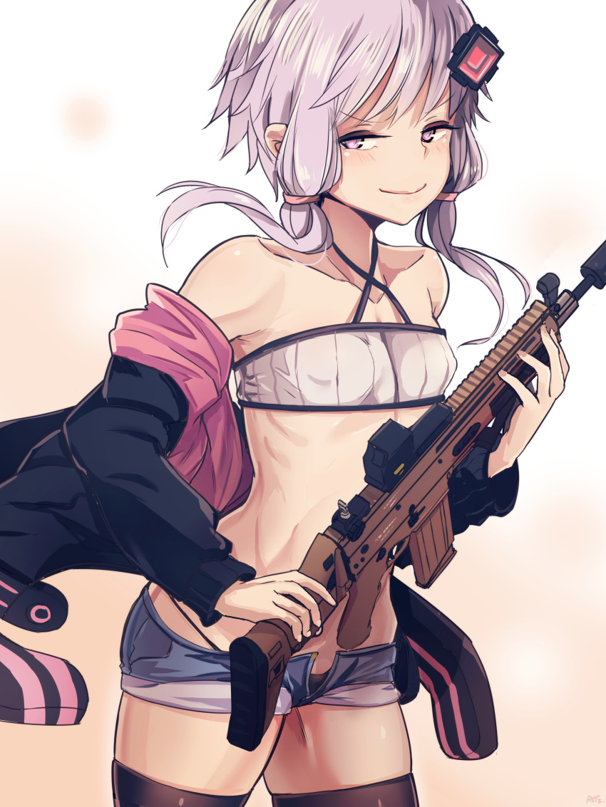 1girl absurdres animal_hood assault_rifle at2. bare_shoulders black_legwear bunny_hood denim denim_shorts fn_scar gun hair_ornament highres holding holding_gun holding_weapon hood hood_down hooded_jacket hoodie jacket looking_at_viewer low_twintails off_shoulder open_clothes open_hoodie purple_hair rifle shorts smile solo strapless thigh-highs tubetop twintails violet_eyes vocaloid voiceroid weapon yuzuki_yukari
