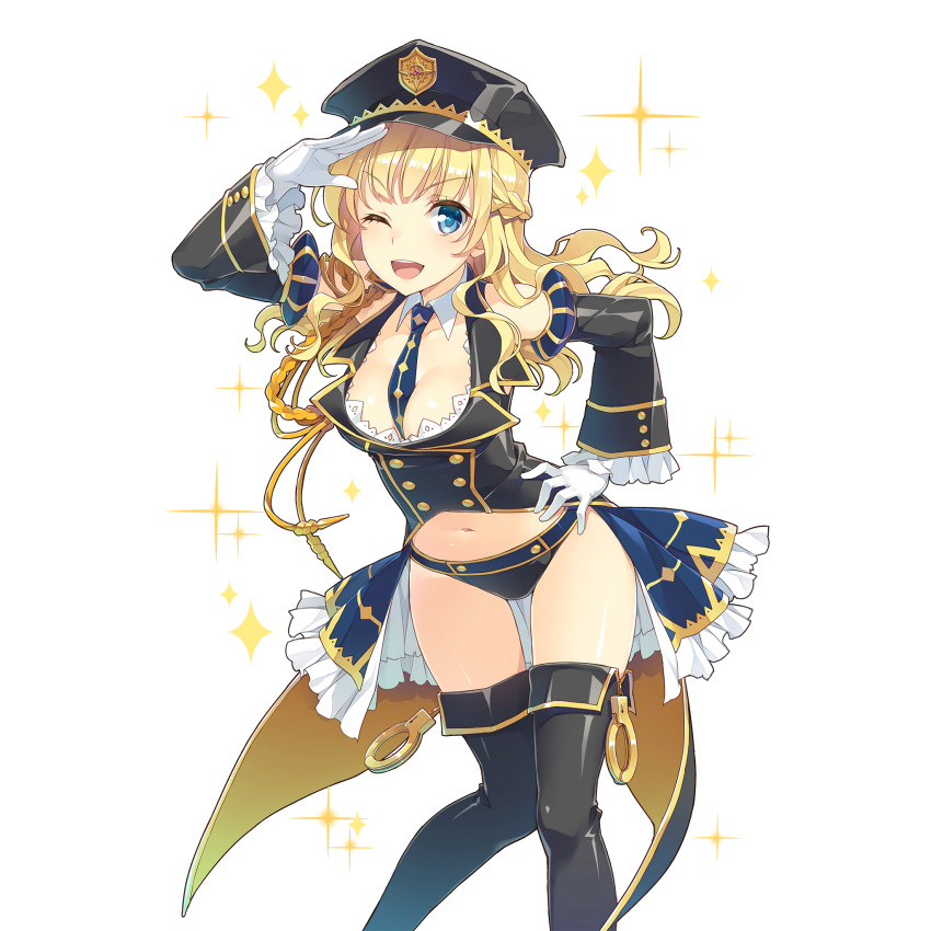 1girl aqua_eyes between_breasts blonde_hair braid character_request coattails cuffs detached_sleeves french_braid gloves hand_on_hip handcuffs hat highres long_hair mmu navel necktie official_art one_eye_closed open_mouth police police_hat police_uniform policewoman solo sparkle thigh-highs transparent_background uchi_no_hime-sama_ga_ichiban_kawaii uniform white_gloves