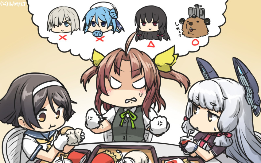 6+girls ahoge anger_vein animalization bangs beaver blunt_bangs commentary dated eating eating_hair food gloves hair_ornament hair_ribbon hairband hairclip hamakaze_(kantai_collection) hamburger hamu_koutarou hat highres isokaze_(kantai_collection) kagerou_(kantai_collection) kantai_collection multiple_girls murakumo_(kantai_collection) remodel_(kantai_collection) ribbon school_uniform serafuku short_eyebrows sweatdrop tanikaze_(kantai_collection) tress_ribbon urakaze_(kantai_collection) white_gloves yellow_ribbon yukikaze_(beaver) yukikaze_(kantai_collection)