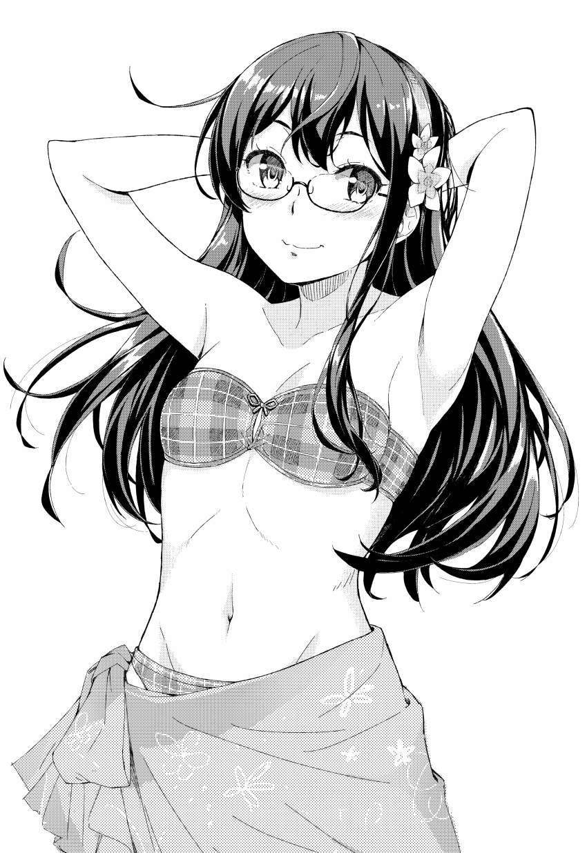 1girl absurdres arms_behind_head bikini blush breasts cleavage cowboy_shot flower glasses greyscale groin hair_flower hair_ornament highres kantai_collection komase_(jkp423) long_hair monochrome navel ooyodo_(kantai_collection) plaid plaid_bikini sarong semi-rimless_glasses small_breasts smile solo swimsuit under-rim_glasses white_background