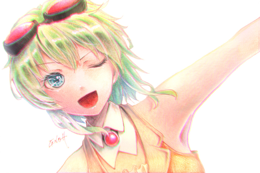 1girl armpits blue_eyes dutch_angle goggles goggles_on_head green_hair gumi millipen_(medium) one_eye_closed open_mouth outstretched_arms portrait short_hair signature simple_background smile solo tesun_(g_noh) traditional_media vocaloid watercolor_pencil_(medium) white_background