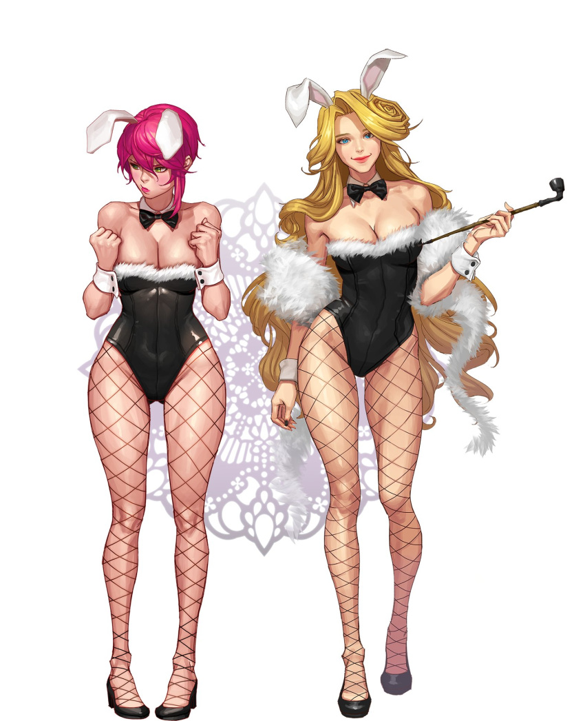 2girls animal_ears bangs bare_shoulders black_bow black_bowtie black_legwear black_leotard black_nails black_shoes blonde_hair blue_eyes blush bow bowtie breasts bunny_girl bunnysuit cleavage clenched_hands closed_mouth collarbone contrapposto covered_navel detached_collar fingernails fishnet_pantyhose fishnets full_body fur_trim green_eyes groin hands_up high_heels highleg highleg_leotard highres holding holding_pipe large_breasts leotard lips lipstick long_fingernails long_hair looking_at_viewer makeup manjji multiple_girls nail_polish original pantyhose pink_hair pipe pout pouty_lips rabbit_ears red_lips red_lipstick shoes short_hair sidelocks smile standing strapless strapless_leotard very_long_hair wrist_cuffs