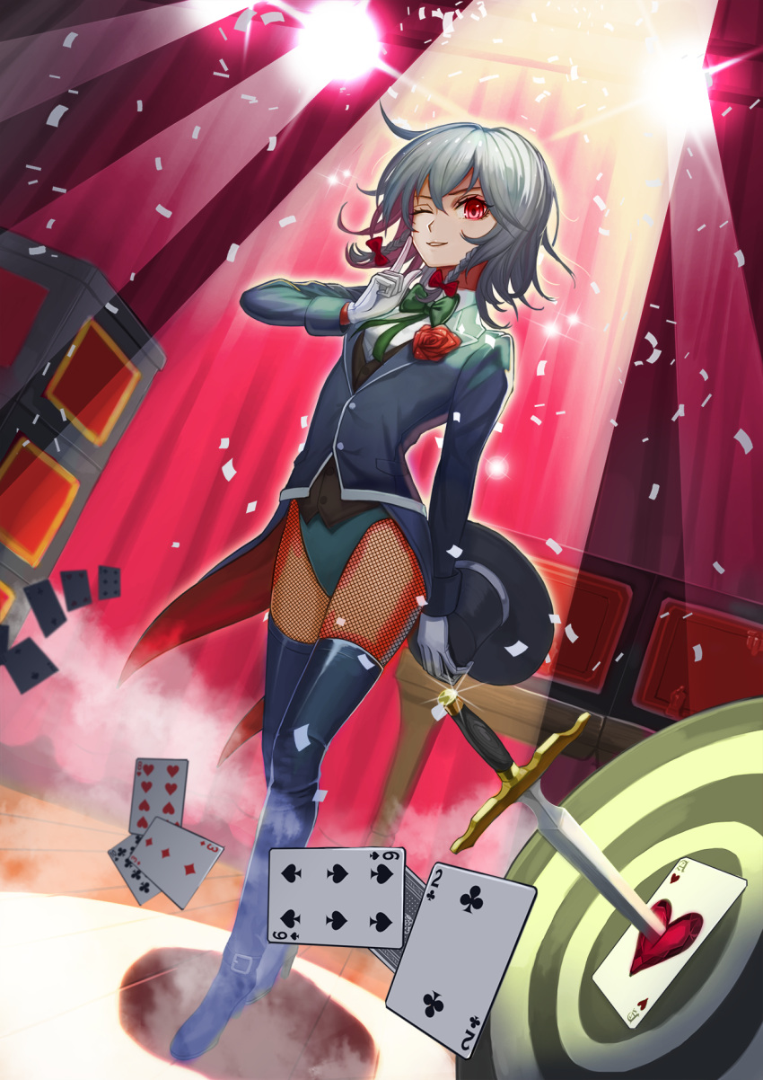 1girl ace ace_of_hearts blue_boots blue_coat boots bow bowtie braid card clubs clubs_(playing_card) coat coattails confetti curtains dagger diamond_(shape) diamonds_(playing_card) dutch_angle finger_to_mouth fishnet_pantyhose fishnets flower fog full_body gloves green_bow green_bowtie grey_hair hair_ribbon hat heart hearts_(playing_card) highres izayoi_sakuya long_sleeves looking_at_viewer magician one_eye_closed pantyhose playing_card recare red_bow red_eyes red_rose ribbon rose smile solo spade spades_(playing_card) sparkle spotlight table target thigh-highs thigh_boots top_hat touhou tress_ribbon twin_braids weapon white_gloves