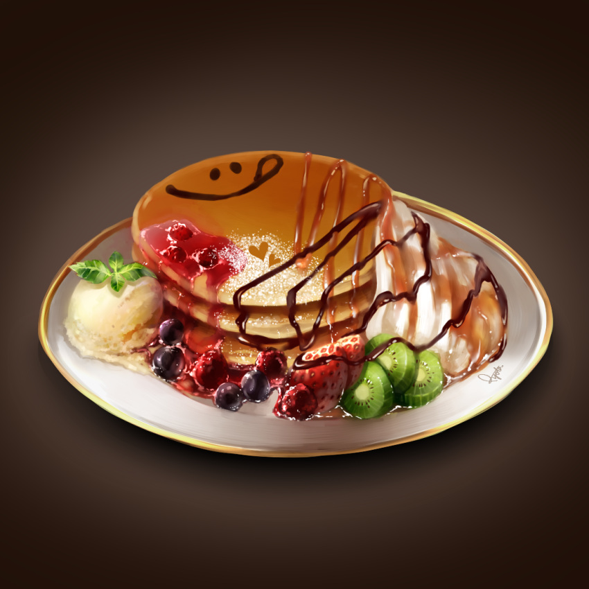 :q blueberry chocolate_syrup food fruit hakura_kusa heart ice_cream kiwifruit no_humans original pancake plate signature strawberry tongue tongue_out whipped_cream