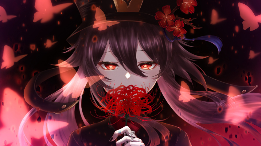 1girl bangs black_nails brown_hair floating_hair flower genshin_impact hair_between_eyes hair_ornament highres holding holding_flower hu_tao_(genshin_impact) jewelry long_hair looking_at_viewer nail_polish nisikm portrait red_eyes red_flower ring shiny shiny_hair solo