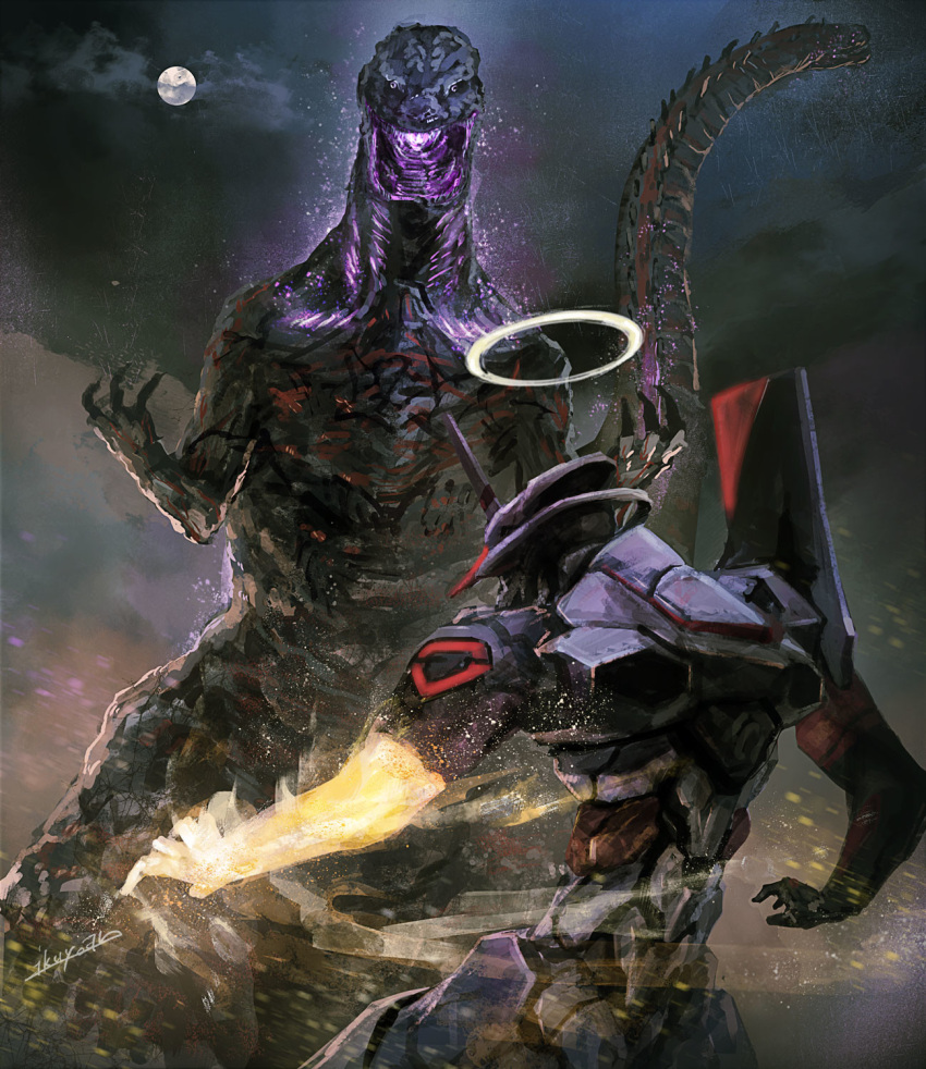 anno_hideaki creator_connection eva_01 evangelion:_2.0_you_can_(not)_advance glowing glowing_hand glowing_mouth godzilla godzilla_(series) height_difference highres mecha moon moonlight neon_genesis_evangelion rebuild_of_evangelion shin_godzilla