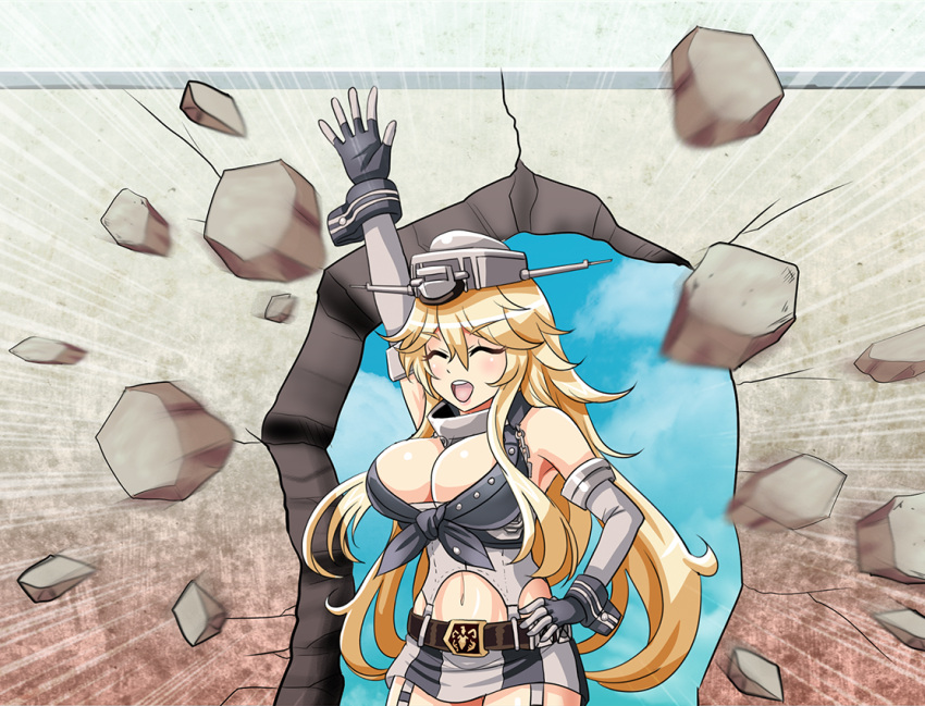1girl arm_up armpits bare_shoulders blonde_hair breasts closed_eyes cowboy_shot detached_sleeves elbow_gloves fingerless_gloves front-tie_top gloves hair_between_eyes hair_ornament hand_on_hip hole_in_wall iowa_(kantai_collection) kabe_ni_hamatte_ugokenai! kantai_collection large_breasts long_hair miniskirt open_mouth skirt stone_wall thigh-highs tk8d32 wall