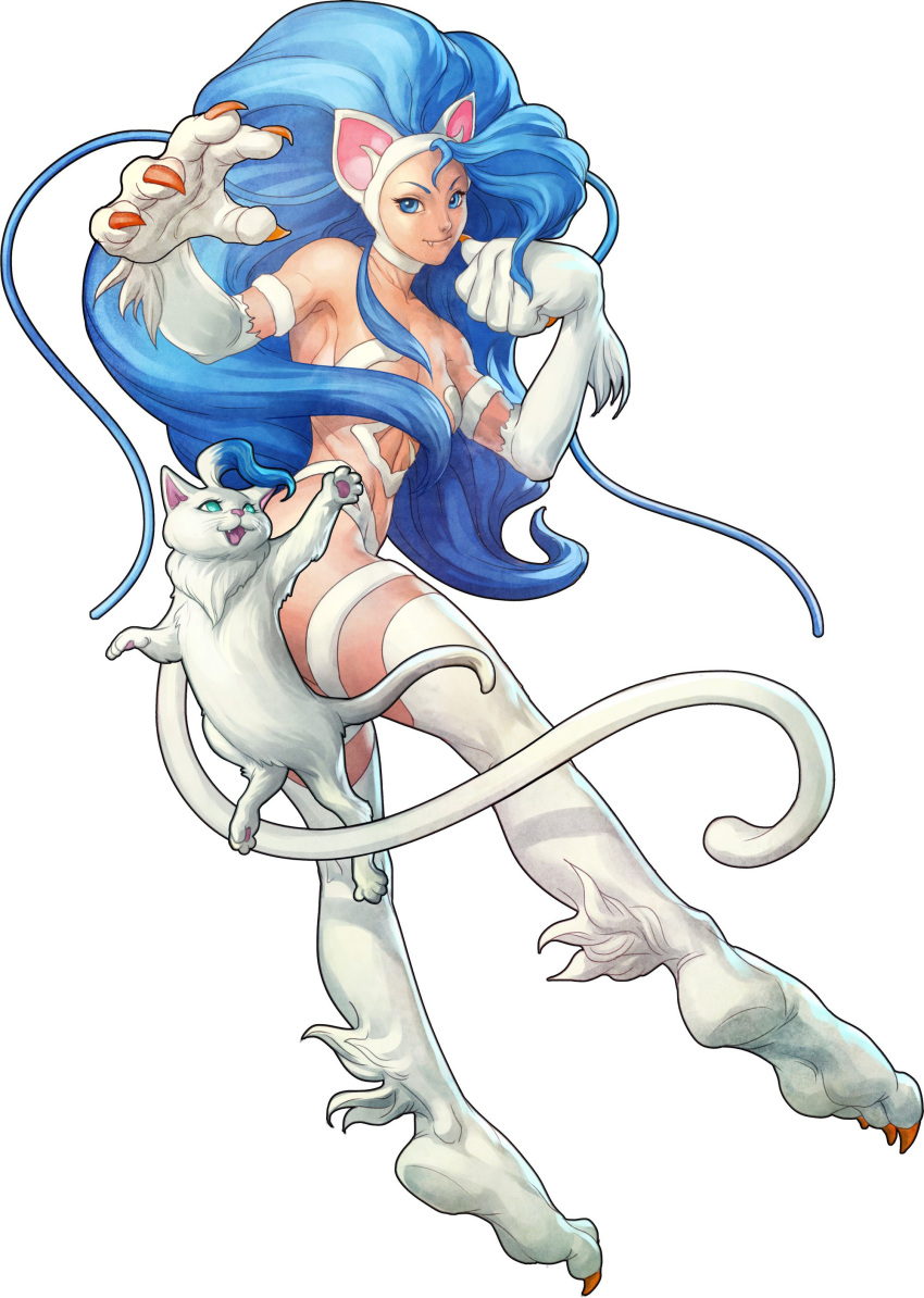 1girl :d absurdres ahoge animal_ears aqua_eyes armpits barefoot big_hair blue_eyes blue_hair breasts cat cat_ears cat_paws cat_tail censored claws clenched_hand closed_mouth convenient_censoring fang fang_out fangs feet felicia felicia_(cat) foreshortening from_side full_body fur highres jumping kneepits legs light_smile long_hair looking_at_viewer looking_back medium_breasts nude official_art open_hand open_mouth paw_pose paws simple_background smile soles solo stanley_lau tail thighs toned vampire_(game) vampire_resurrection very_long_hair wavy_hair white_background white_cat