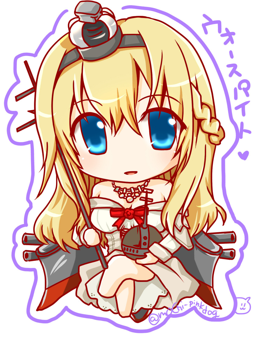 1girl blonde_hair blue_eyes blush_stickers bow bowtie chibi commentary_request crossed_legs crown dress eyebrows eyebrows_visible_through_hair hair_between_eyes highres jewelry kantai_collection long_hair looking_at_viewer mini_crown mochimako off-shoulder_dress off_shoulder red_bow red_bowtie simple_background solo translation_request warspite_(kantai_collection) white_background