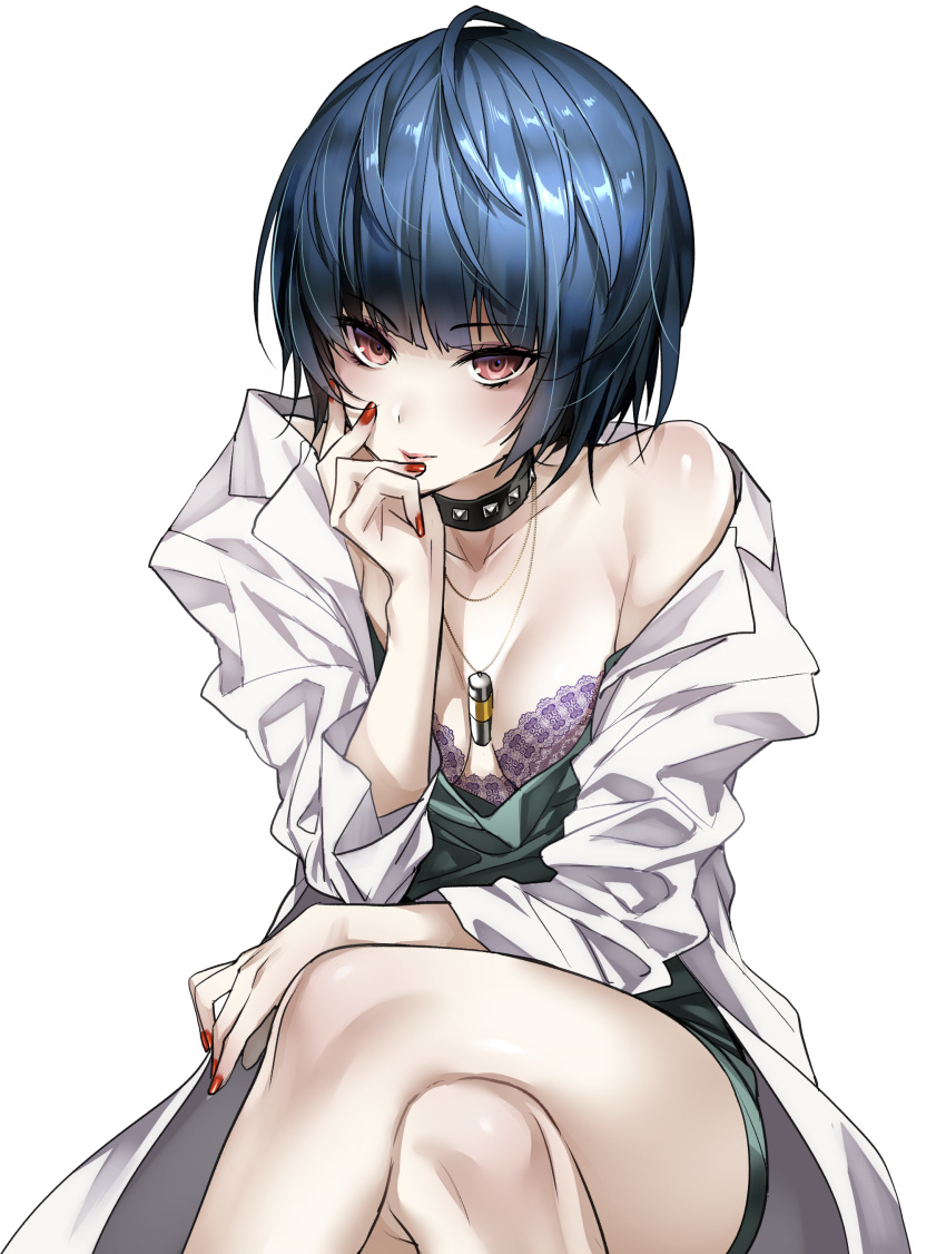 1girl absurdres akira_(natsumemo) blue_hair bra breasts brown_eyes chin_rest choker closed_mouth collarbone commentary_request crossed_legs highres jewelry labcoat looking_at_viewer nail_polish necklace off_shoulder pale_skin persona persona_5 purple_bra red_nails seiza short_hair sitting small_breasts smile solo takemi_tae underwear upper_body white_background white_coat