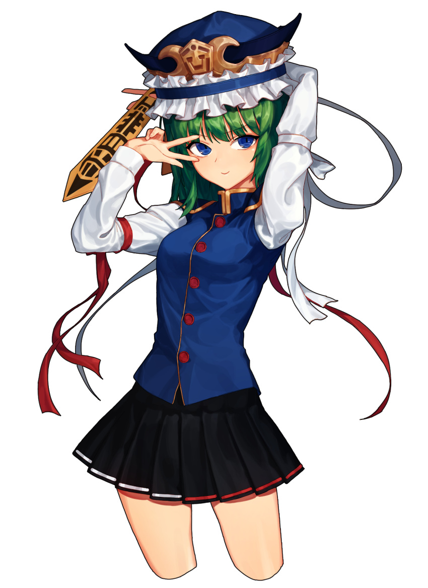1girl arm_behind_head arm_ribbon black_skirt blue_eyes blue_vest bugs_(artist) buttons cropped_legs green_hair hat highres juliet_sleeves long_sleeves looking_at_viewer pleated_skirt puffy_sleeves red_ribbon ribbon ribbon-trimmed_skirt rod_of_remorse shiki_eiki shoulder_pads simple_background skirt smile solo touhou v v_over_eye white_background white_ribbon
