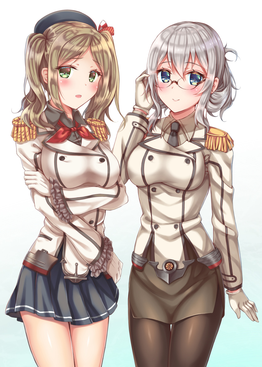 absurdres alternate_costume alternate_hairstyle beret black_legwear blue_eyes blush breasts brown_hair commentary_request cosplay costume_switch glasses gloves hat highres holding holding_glasses kantai_collection kashima_(kantai_collection) kashima_(kantai_collection)_(cosplay) katori_(kantai_collection) katori_(kantai_collection)_(cosplay) large_breasts long_hair long_sleeves look-alike looking_at_viewer miniskirt necktie pantyhose pleated_skirt skirt thigh-highs twintails white_background white_gloves zhou_yu_(ppaaqz1995)