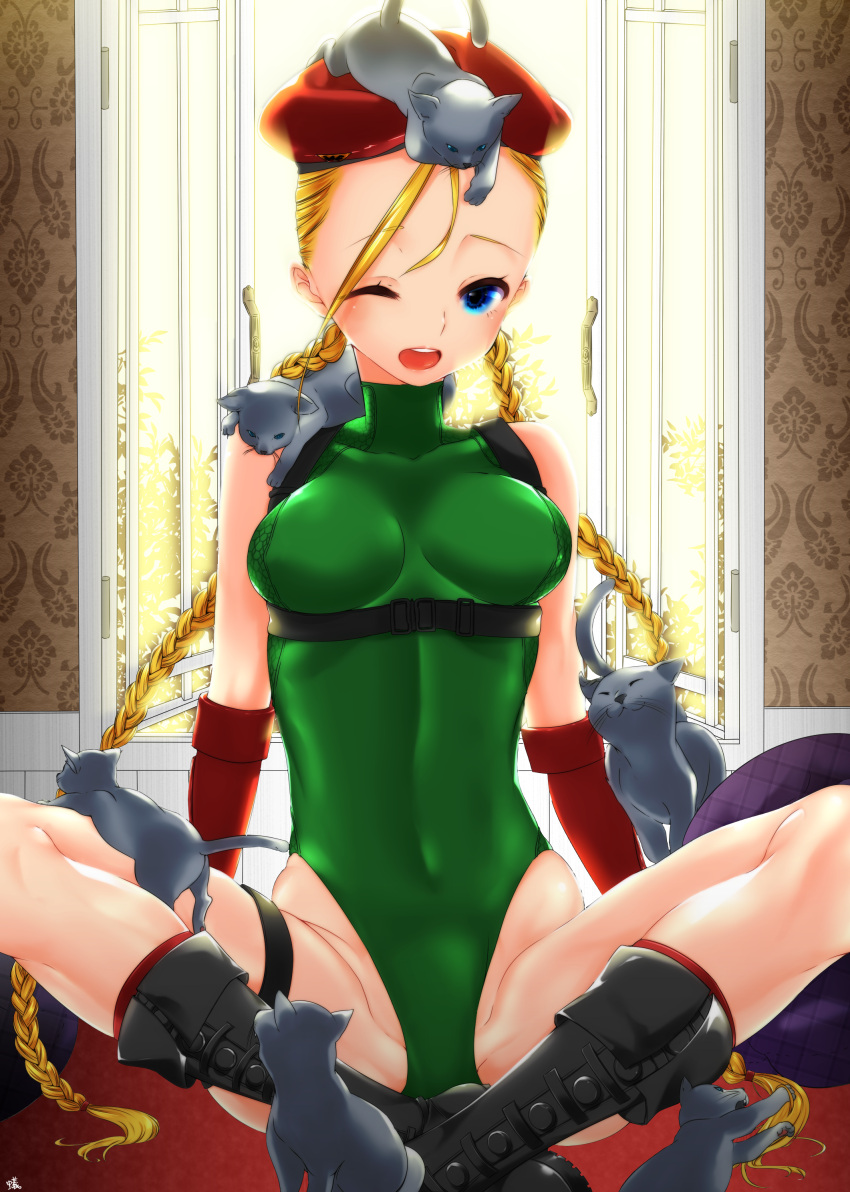 1girl absurdres animal animal_on_head arichan2927 beret black_cat blonde_hair blue_eyes boots braid breasts cammy_white cat cat_on_head hat highleg highleg_leotard highres indian_style leotard long_hair medium_breasts one_eye_closed sitting smile solo street_fighter street_fighter_v too_many too_many_cats twin_braids