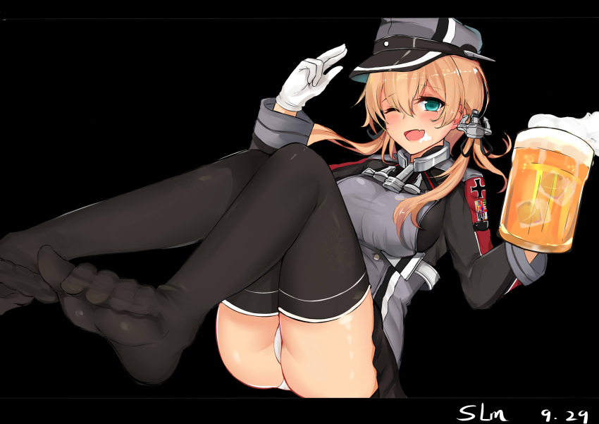 1girl absurdres anchor_hair_ornament aqua_eyes beer_mug black_background black_legwear blonde_hair blush foam food food_on_face gloves hair_ornament hat highres iron_cross kantai_collection long_hair low_twintails military military_hat military_uniform one_eye_closed open_mouth panties pantyshot peaked_cap prinz_eugen_(kantai_collection) salute simple_background sketch slm smile solo thigh-highs twintails underwear uniform white_gloves