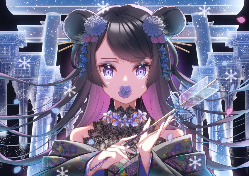 1girl aqua_eyes arrow bangs bare_shoulders bell black_background black_hair black_kimono blue_flower blue_nails blue_ribbon commentary_request covered_mouth crying crying_with_eyes_open double_bun eyelashes fingernails floral_print flower hair_ornament hamaya highres holding_arrow japanese_clothes jingle_bell kimono kimono_pull ktmzlsy720 lantern long_fingernails long_hair long_sleeves looking_at_viewer multicolored_hair nail_polish off_shoulder original petals print_kimono purple_hair ribbon simple_background solo swept_bangs tears torii two-tone_hair upper_body very_long_hair