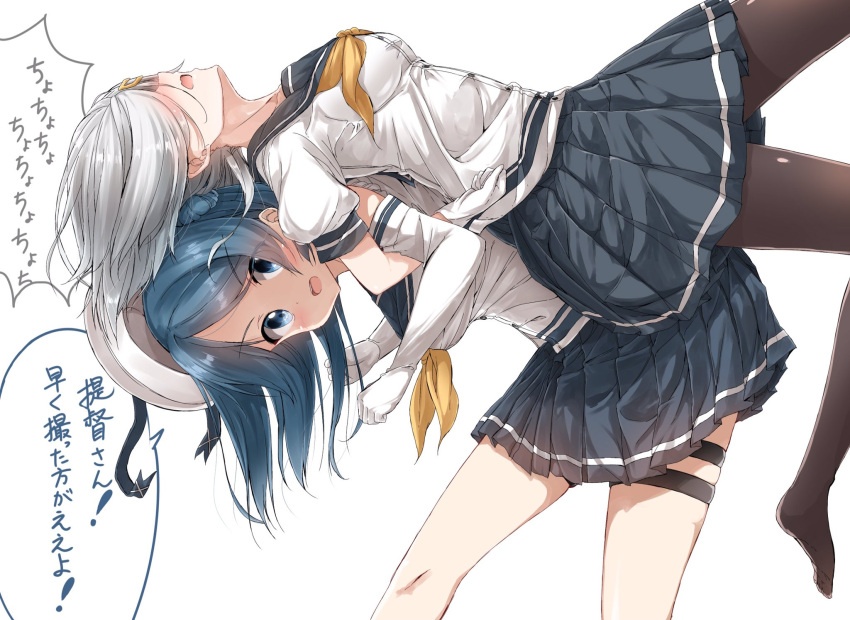 2girls back-to-back beret black_legwear blue_eyes blue_hair breasts buttons carrying commentary_request duplicate elbow_gloves eyebrows eyebrows_visible_through_hair gloves hair_bun hair_ornament hairclip hamakaze_(kantai_collection) hat hat_ribbon highres jpeg_artifacts kantai_collection leaning_forward locked_arms long_hair looking_at_viewer looking_to_the_side medium_breasts miniskirt multiple_girls neckerchief open_mouth pantyhose pentagon_(railgun_ky1206) pleated_skirt ribbon round_teeth school_uniform serafuku shirt short_hair silver_hair simple_background skirt speech_bubble teeth thigh_strap translation_request urakaze_(kantai_collection) white_background white_gloves white_hat white_shirt