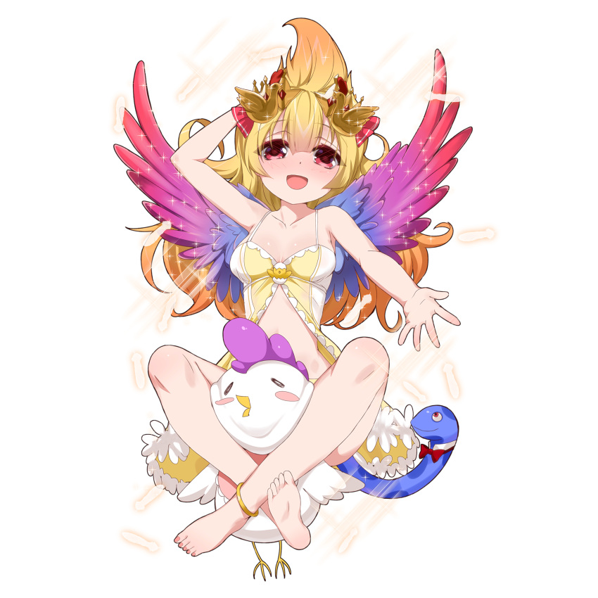 1girl anklet arm_up babydoll barefoot bird blonde_hair character_request chicken feathers gradient_hair hand_behind_head highres jewelry kusaka_souji leg_lock looking_at_viewer multicolored_hair official_art open_mouth orange_hair outstretched_arm outstretched_hand red_eyes snake solo spaghetti_strap sparkle tail transparent_background uchi_no_hime-sama_ga_ichiban_kawaii wings
