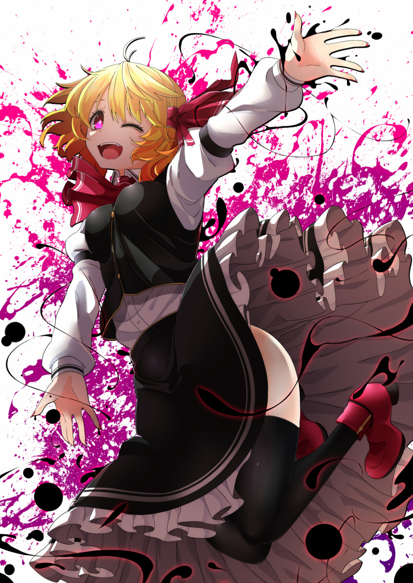1girl arm_strap arms_up bent_knees black_legwear black_skirt black_vest blonde_hair blouse breasts fangs hair_ribbon highres long_sleeves looking_at_viewer one_eye_closed outstretched_arms outstretched_hand puffy_long_sleeves puffy_sleeves red_eyes red_ribbon red_shoes ribbon rihito_(usazukin) rumia shoes short_hair skirt skirt_set small_breasts symbol-shaped_pupils thighs touhou white_blouse