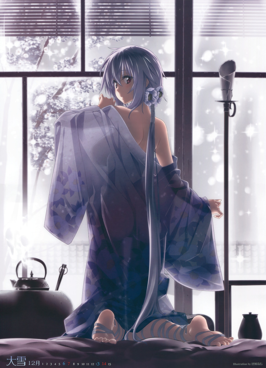 1girl absurdres ass back backboob bare_shoulders blush breasts calendar flower from_behind hair_between_eyes hair_flower hair_ornament highres himura_kiseki huge_filesize indoors japanese_clothes kimono kneeling large_breasts lavender_hair looking_back low_ponytail off_shoulder original parted_lips ribbon scan see-through_silhouette solo steam violet_eyes yukata