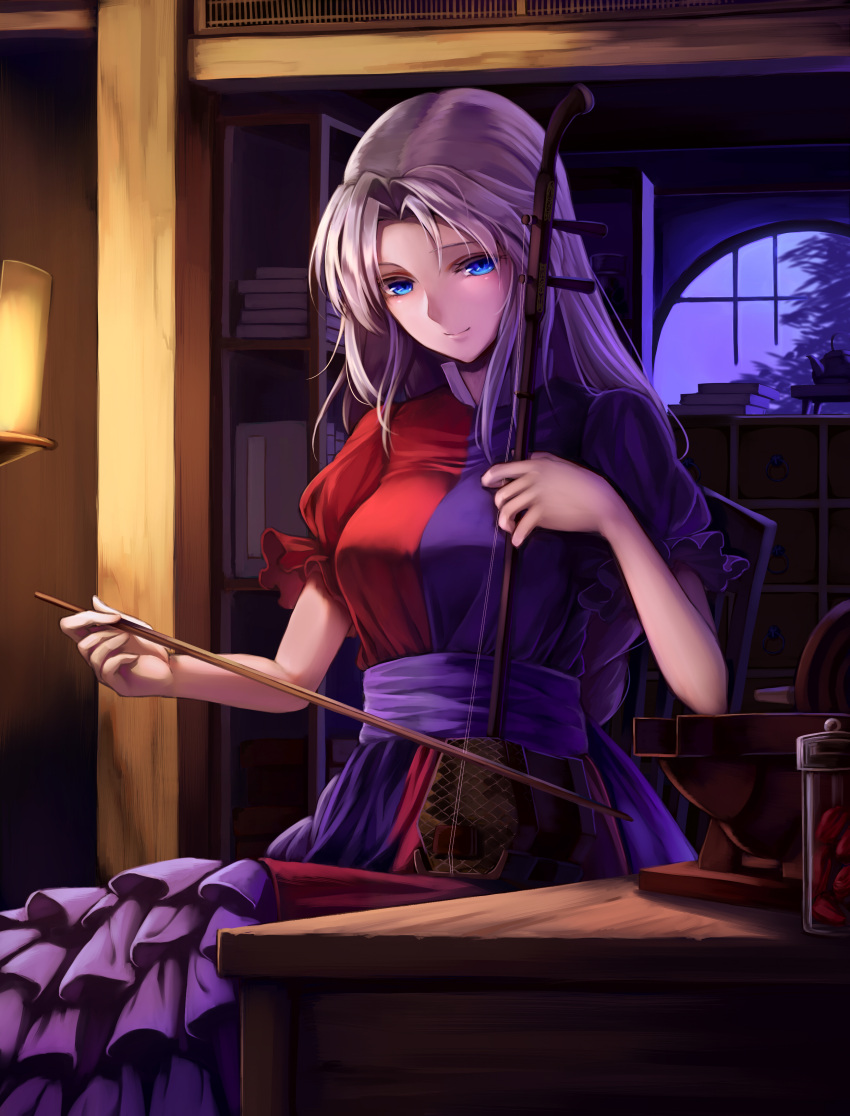 1girl absurdres blue_eyes bottle breasts commentary_request erhu frilled_skirt frills hair_intakes highres indoors instrument kirieroido_iii long_hair long_skirt looking_at_viewer medium_breasts music playing_instrument puffy_short_sleeves puffy_sleeves sash shamisen short_sleeves silver_hair skirt smile solo teapot touhou yagokoro_eirin