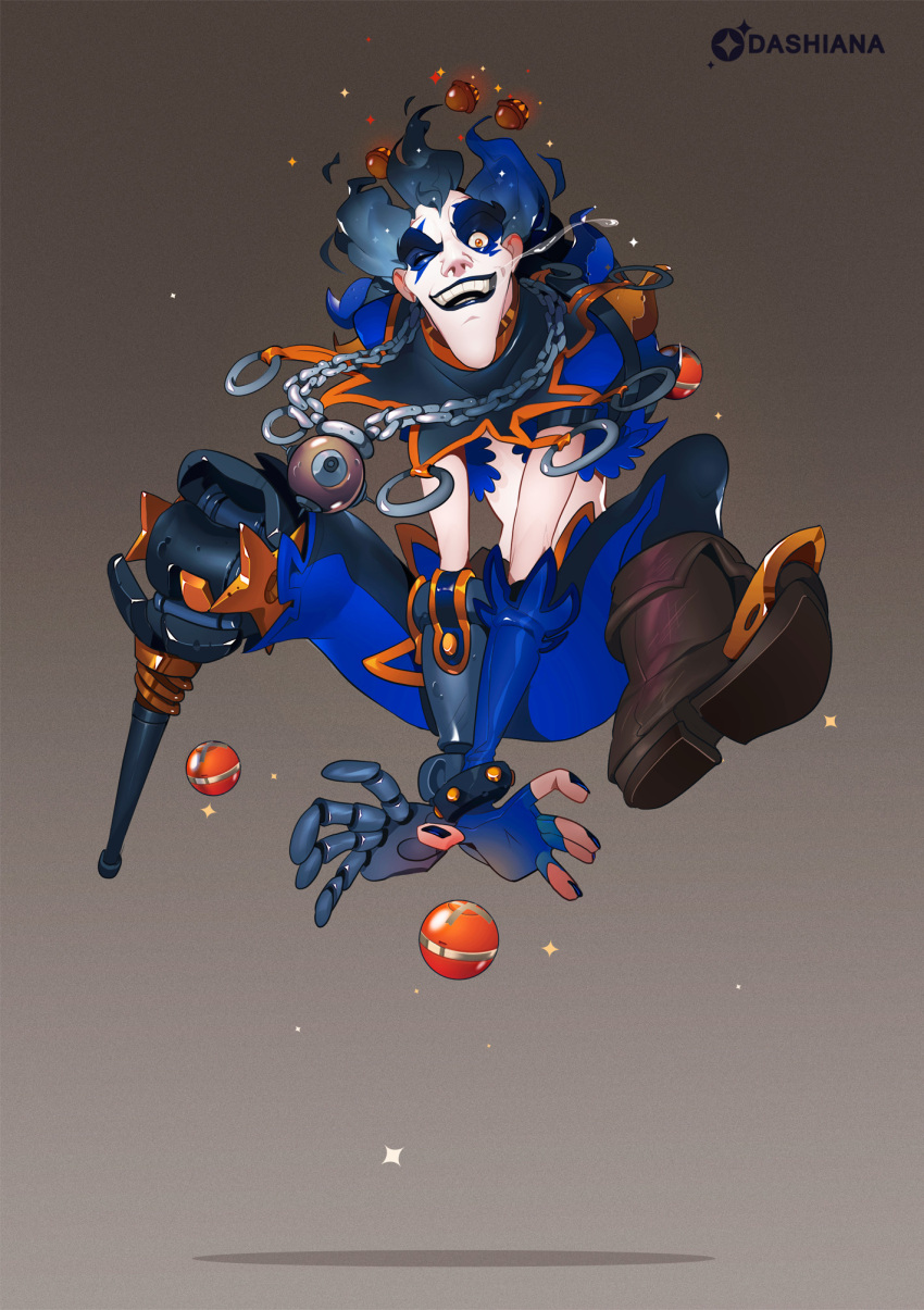 1boy alternate_costume amputee blue_hair blue_lipstick blue_nails bomb boots chain dashiana facepaint full_body hair_ornament hat highres jester jester_cap jester_junkrat jumping junkrat_(overwatch) lipstick makeup mechanical_arm nail_polish one_eye_closed overwatch pale_skin peg_leg revision solo yellow_eyes