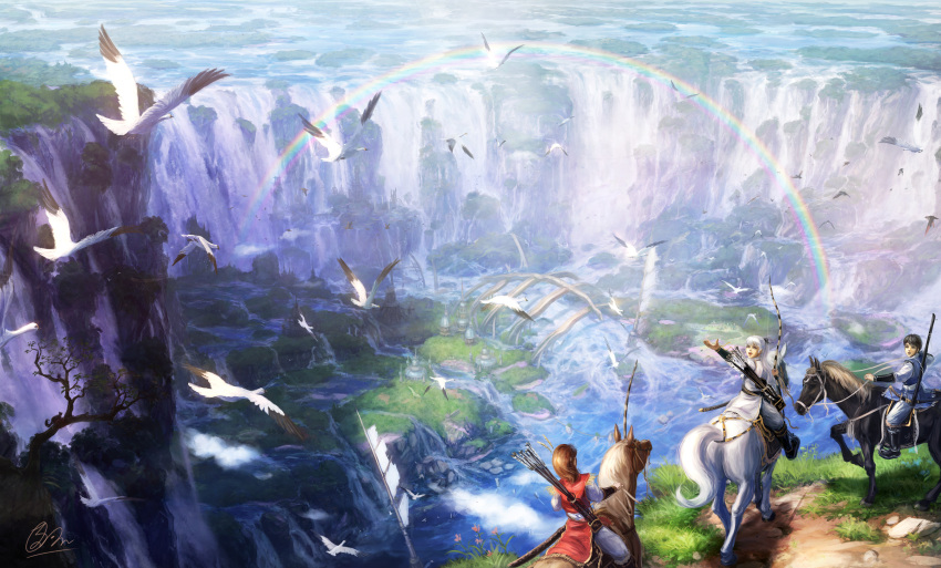 1boy 2girls absurdres arm_up arrow bird black_hair blurry bow_(weapon) brown_hair building depth_of_field fantasy flying grass highres horizon horse horseback_riding landscape long_hair looking_back looking_up makkou_4 multiple_girls original outstretched_arm ponytail quiver rainbow riding river scenery shadow signature swan sword town water waterfall weapon white_hair