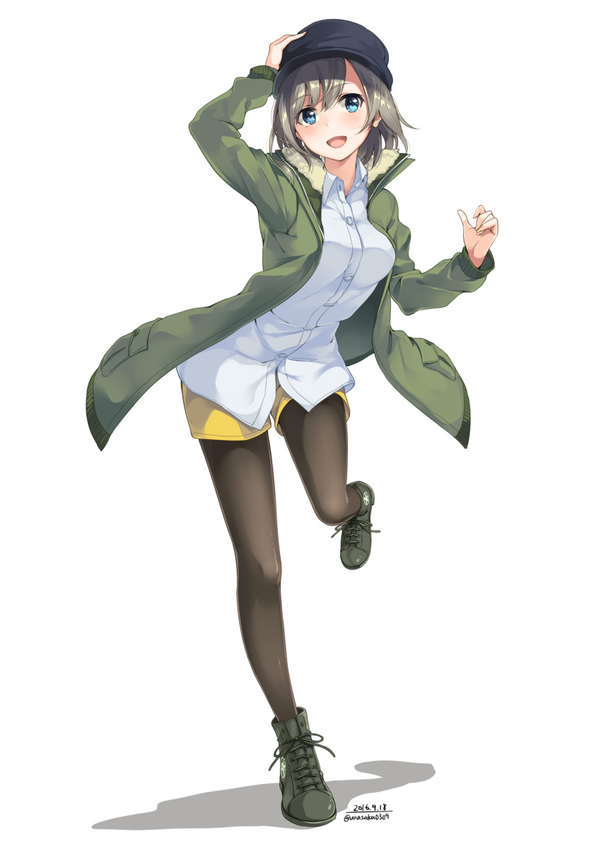 1girl :d arm_up black_legwear blue_eyes breasts dated grey_hair hand_on_headwear hat highres jacket lace-up leg_up long_sleeves looking_at_viewer medium_breasts open_mouth original pantyhose shadow shirt shoes short_hair shorts simple_background smile solo twitter_username unasaka_ryou white_background white_shirt yellow_shorts