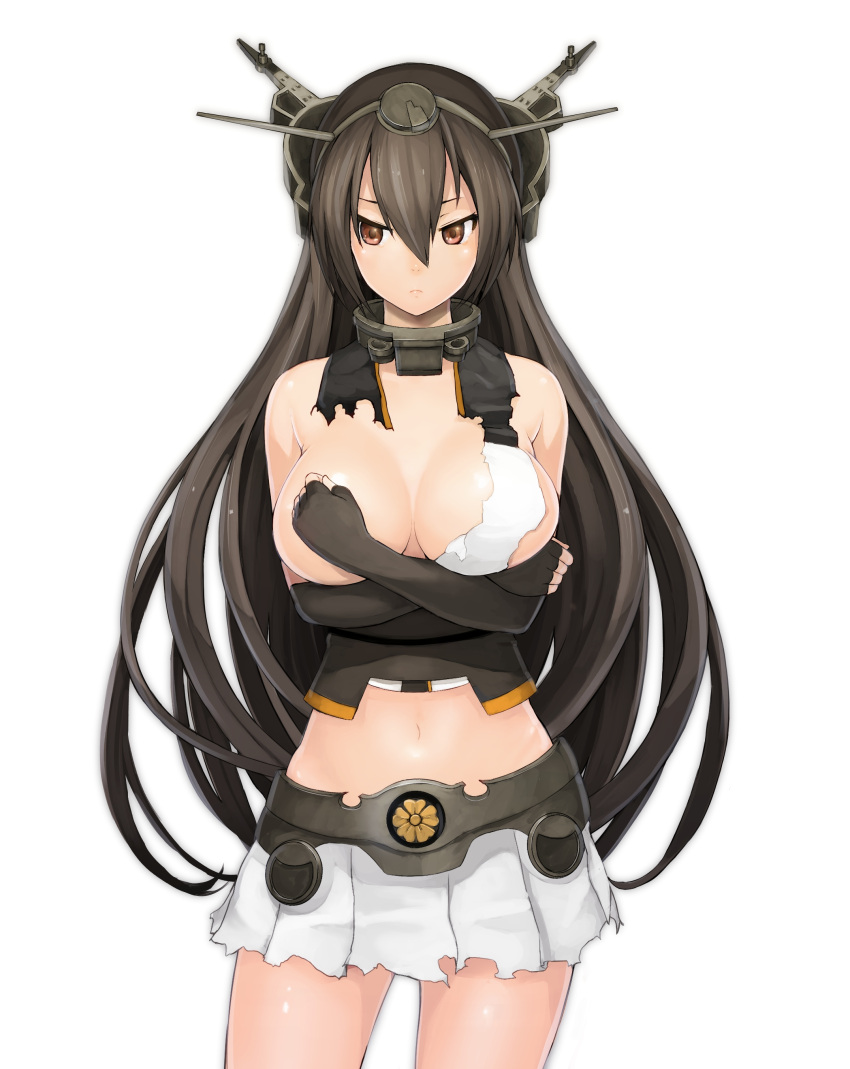 1girl absurdres black_gloves black_hair breasts cleavage covering covering_breasts crossed_arms elbow_gloves fingerless_gloves gloves headgear highres huge_breasts kantai_collection long_hair looking_to_the_side miniskirt nagato_(kantai_collection) pleated_skirt red_eyes siesta_(artist) simple_background skirt solo torn_clothes torn_skirt