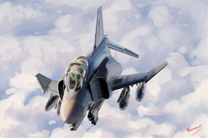 aircraft airplane artist_request bomb chibi clouds cockpit f-4_phantom_ii fighter_jet flying jet military military_vehicle pilot rocket