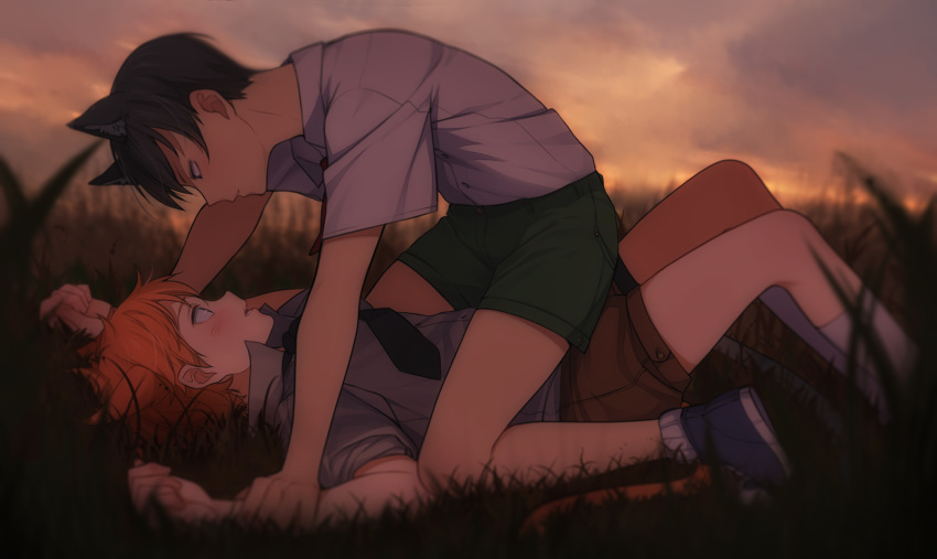 2boys animal_ears bangs black_eyes black_hair black_necktie black_shorts blue_shoes blurry blush brown_shorts cat_ears cat_tail clouds cloudy_sky collared_shirt depth_of_field e7_(runaway162) from_side grass grey_shirt haikyuu!! highres hinata_shouyou kageyama_tobio kemonomimi_mode kneeling knees_up looking_at_another lying male_focus multiple_boys necktie on_back on_ground on_person orange_hair outdoors parted_lips profile red_necktie shirt shoes short_necktie short_sleeves shorts sky socks surprised tail twilight white_legwear white_shirt wrist_grab yaoi