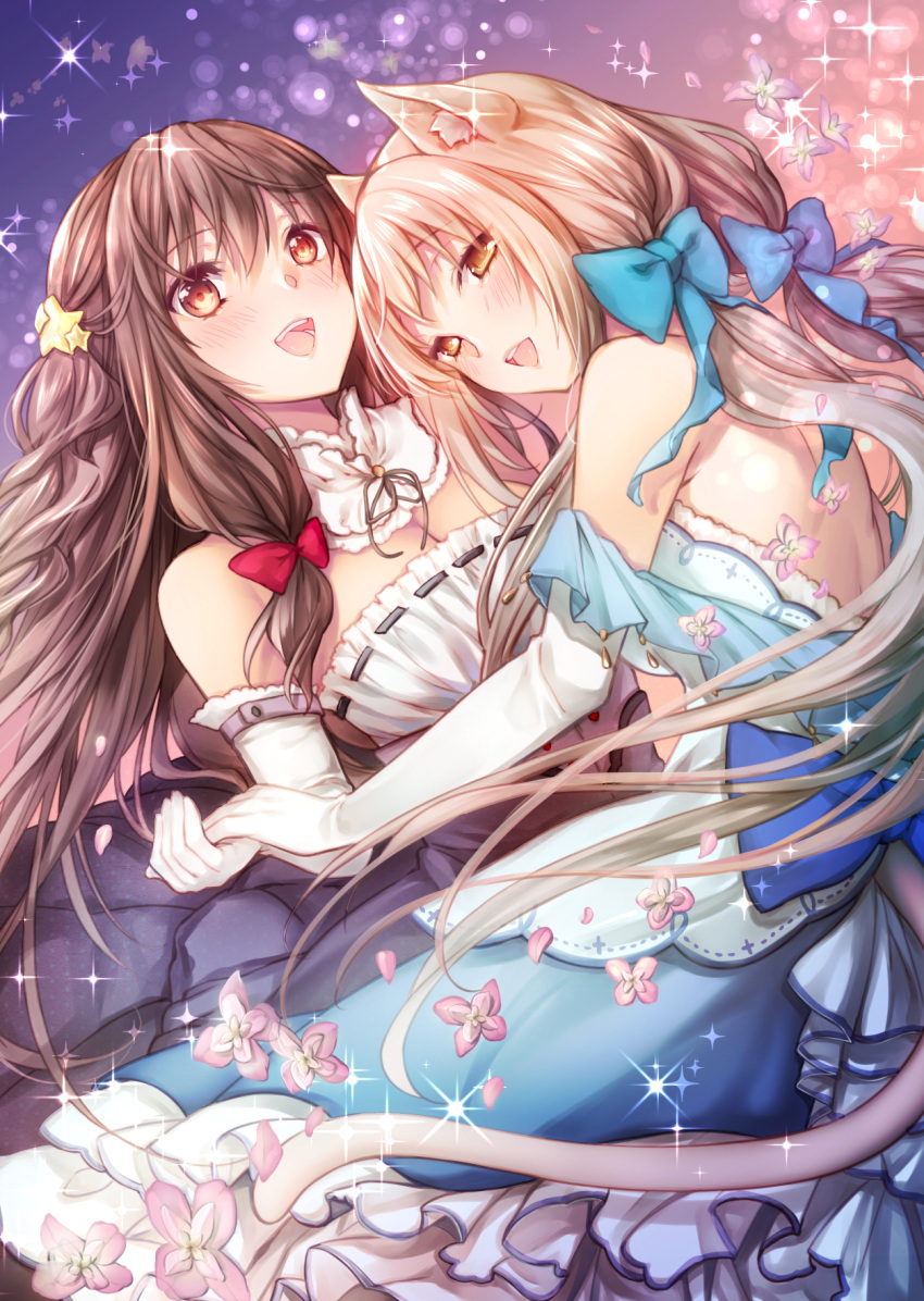 2girls :d animal_ears bare_shoulders blue_bow blush bow breasts brown_eyes brown_hair cat_ears cleavage cocoa_(cafe-hotcocoa) detached_collar dress elbow_gloves flower gloves hair_bow hair_ornament highres holding_hands light_brown_hair long_hair looking_at_viewer looking_back low_twintails medium_breasts multiple_girls open_mouth original red_bow sidelocks smile sparkle star star_hair_ornament teeth twintails white_gloves yellow_eyes