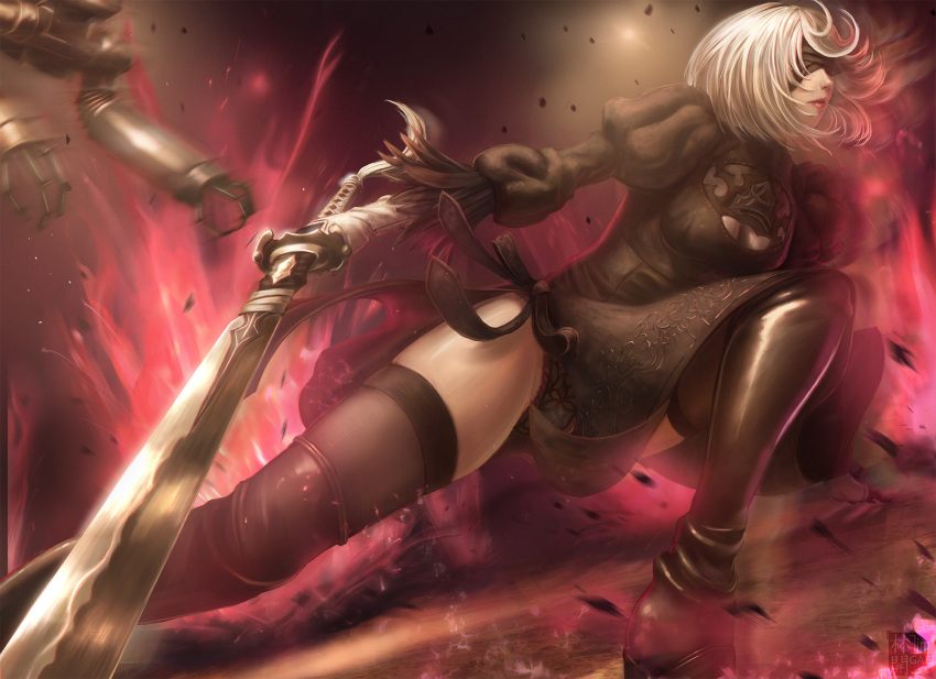 1girl black_dress black_panties blindfold boots breasts cleavage cleavage_cutout dress explosion highres lace lace-trimmed_panties nier nier_automata panties pantyshot rimu_niku robot short_hair sword thigh-highs thigh_boots underwear weapon yorha_unit_no._2_type_b