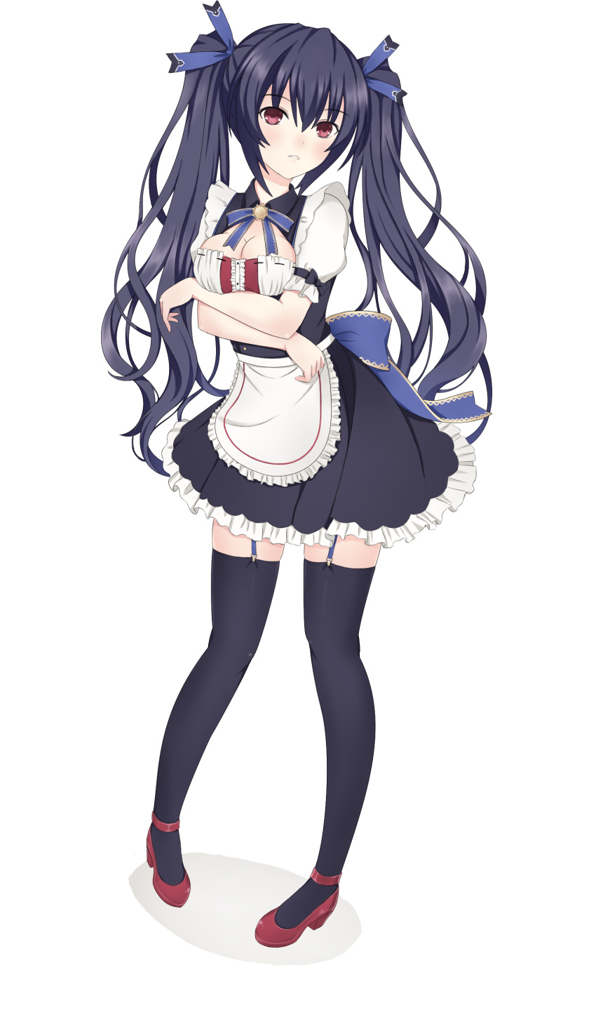 1girl absurdres alternate_costume apron black_hair blush breasts cleavage dress enmaided garter_straps hair_ornament harami highres long_hair looking_at_viewer maid maid_apron maid_headdress mary_janes neptune_(series) noire open_mouth puffy_short_sleeves puffy_sleeves red_eyes shoes short_sleeves solo thigh-highs twintails very_long_hair zettai_ryouiki